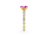 Yellow gold Oval Cut Pink Sapphire Solitaire with Side Stones, Pave Band, Four-Prong Setting_26