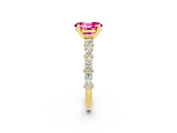 Yellow gold Oval Cut Pink Sapphire Side Stone Solitaire Ring with Round  and Four-Prong Setting