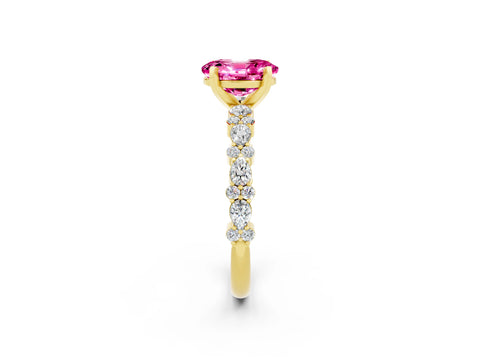 Yellow gold Oval Cut Pink Sapphire Solitaire with Side Stones, Pave Band, Four-Prong Setting_26
