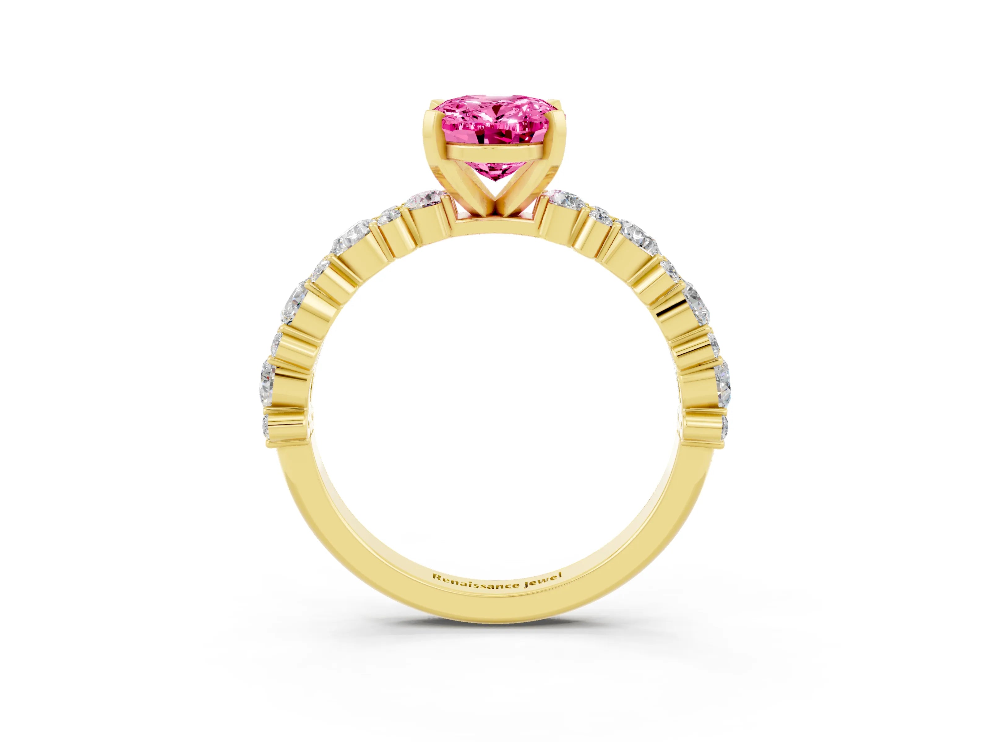 Yellow gold Oval Cut Pink Sapphire Solitaire with Side Stones, Pave Band, Four-Prong Setting_27