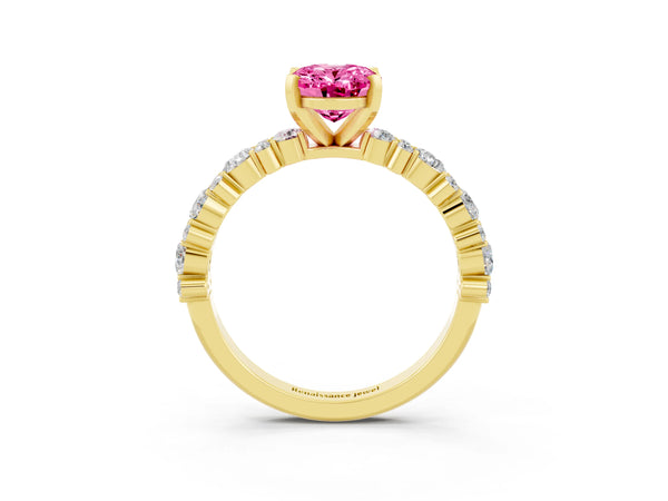 Yellow gold Oval Cut Pink Sapphire Side Stone Solitaire Ring with Round  and Four-Prong Setting