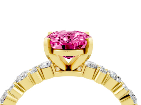Yellow gold Oval Cut Pink Sapphire Solitaire with Side Stones, Pave Band, Four-Prong Setting_28