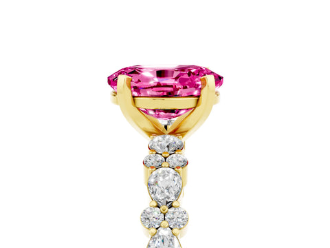 Yellow gold Oval Cut Pink Sapphire Solitaire with Side Stones, Pave Band, Four-Prong Setting_29