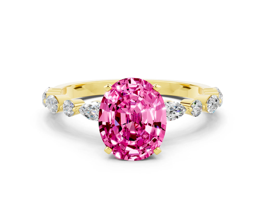 Yellow gold Oval Cut Pink Sapphire Solitaire with Side Stones on a Pavé Band and Four-Prong Setting_24