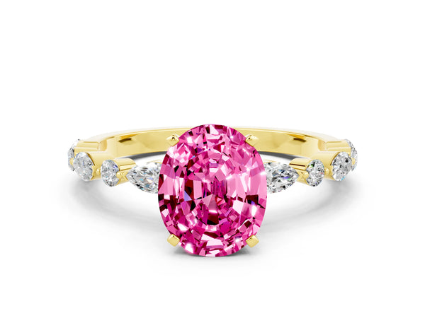 Yellow gold Oval Cut Pink Sapphire Ring with Marquise and Round  Side Stones and Four-Prong Setting