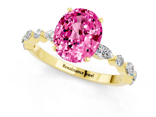 Yellow gold Oval Cut Pink Sapphire Ring with Marquise and Round  Side Stones and Four-Prong Setting