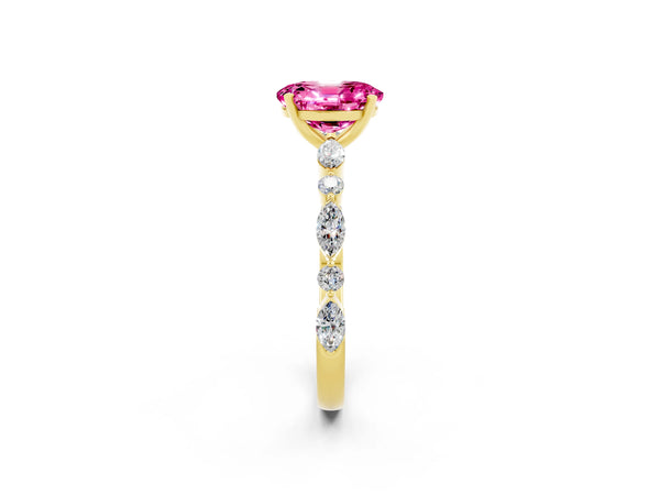 Yellow gold Oval Cut Pink Sapphire Ring with Marquise and Round  Side Stones and Four-Prong Setting