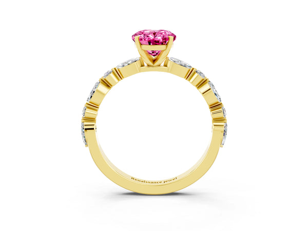 Yellow gold Oval Cut Pink Sapphire Ring with Marquise and Round  Side Stones and Four-Prong Setting