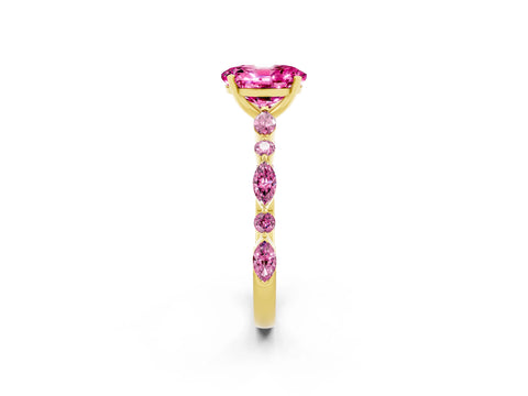 Yellow gold Oval Cut Pink Sapphire Solitaire with Side Stones on a Pavé Band and Four-Prong Setting_2