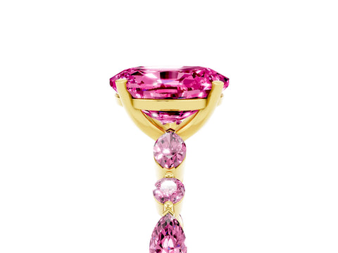 Yellow gold Oval Cut Pink Sapphire Solitaire with Side Stones on a Pavé Band and Four-Prong Setting_5