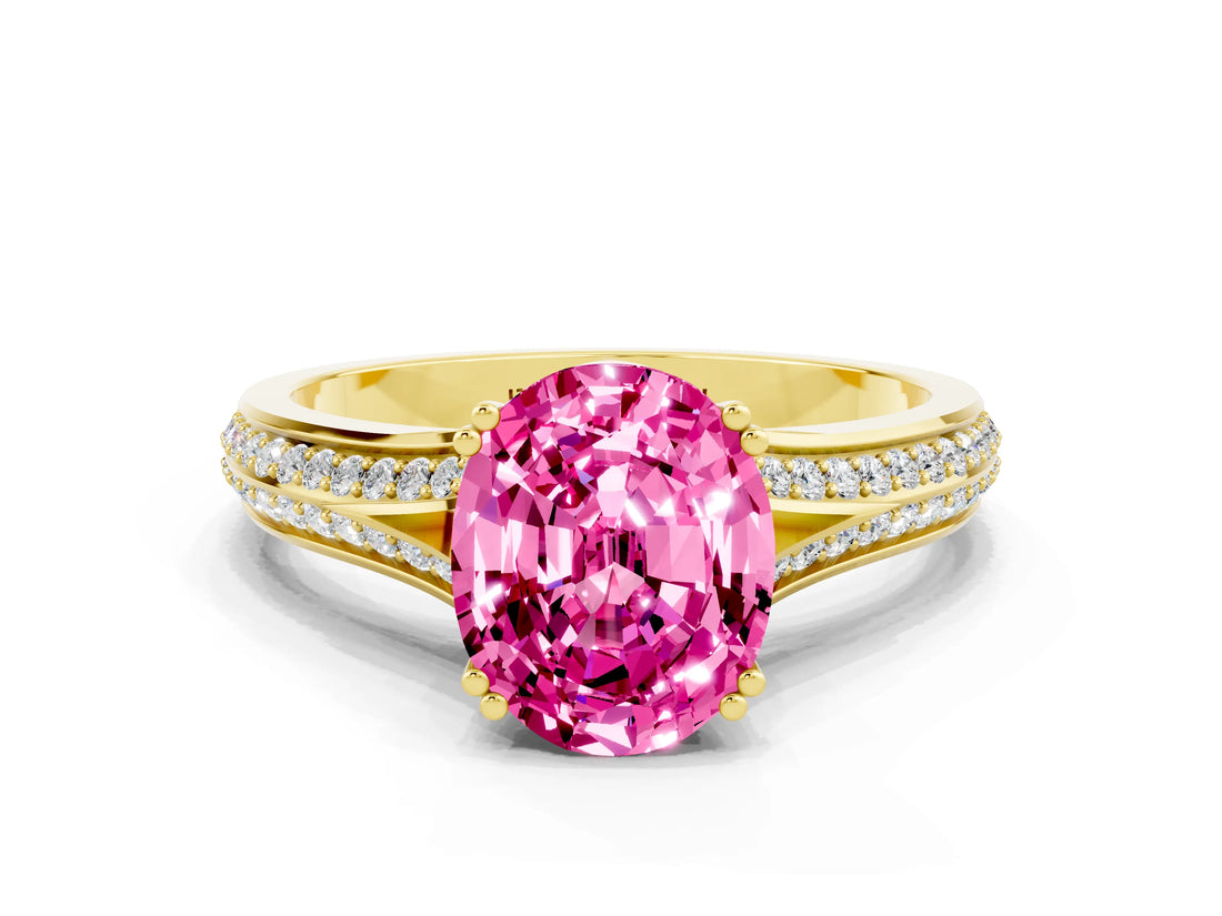 Yellow gold Oval Cut Pink Sapphire Split Shank Engagement Ring with Pavé Band_24