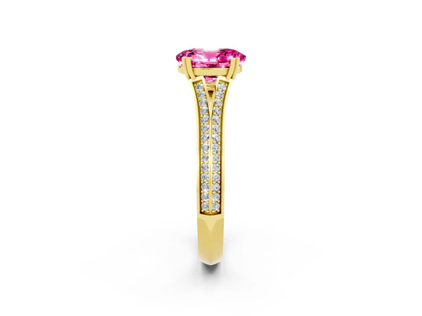 Yellow gold Oval Cut Pink Sapphire Split Shank Engagement Ring with Pavé Band
