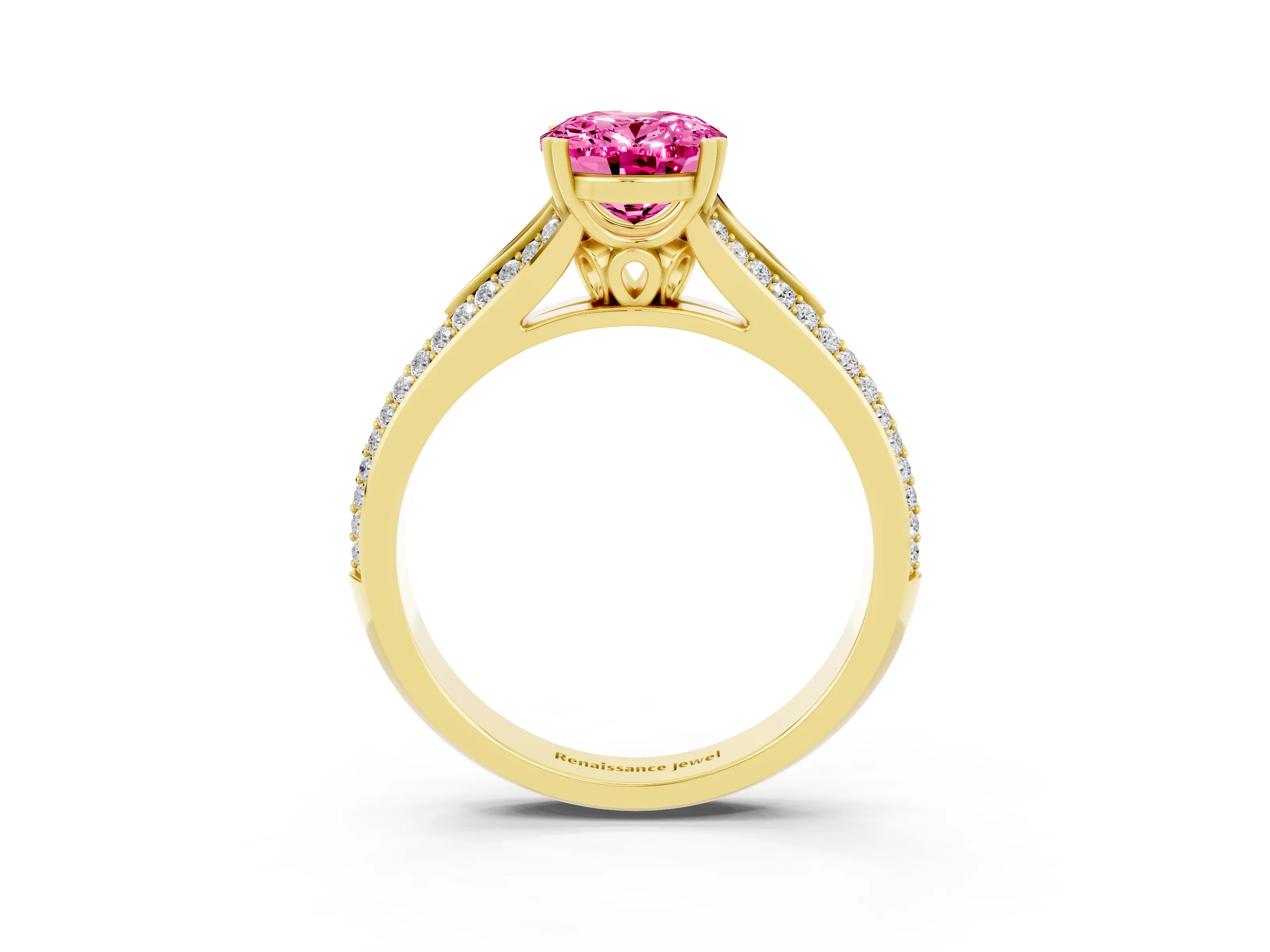 Yellow gold Oval Cut Pink Sapphire Split Shank Engagement Ring with Pavé Band_27