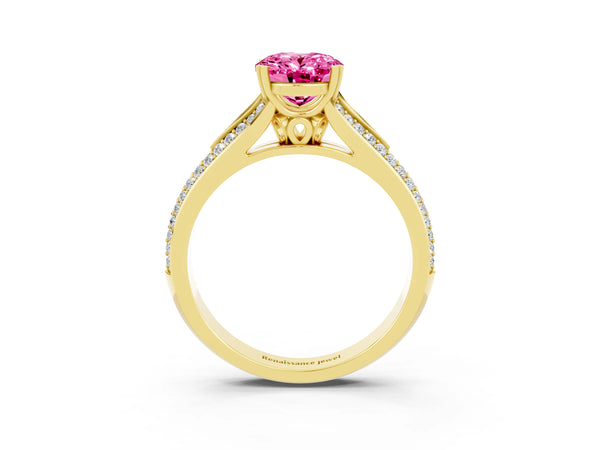 Yellow gold Oval Cut Pink Sapphire Split Shank Engagement Ring with Pavé Band
