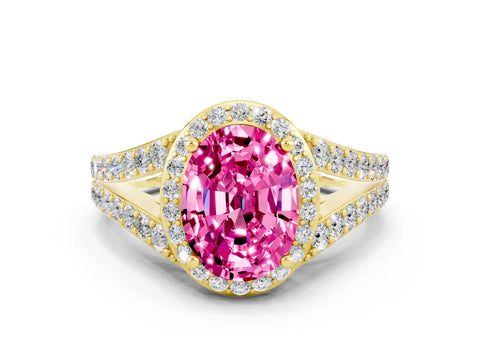 Yellow gold Oval Cut Pink Sapphire Split Shank Halo Ring with Four-Prong Setting_12