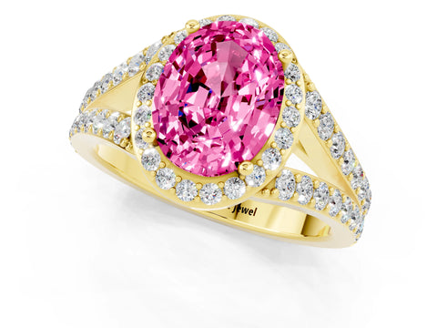 Yellow gold Oval Cut Pink Sapphire Split Shank Halo Ring with Four-Prong Setting_13