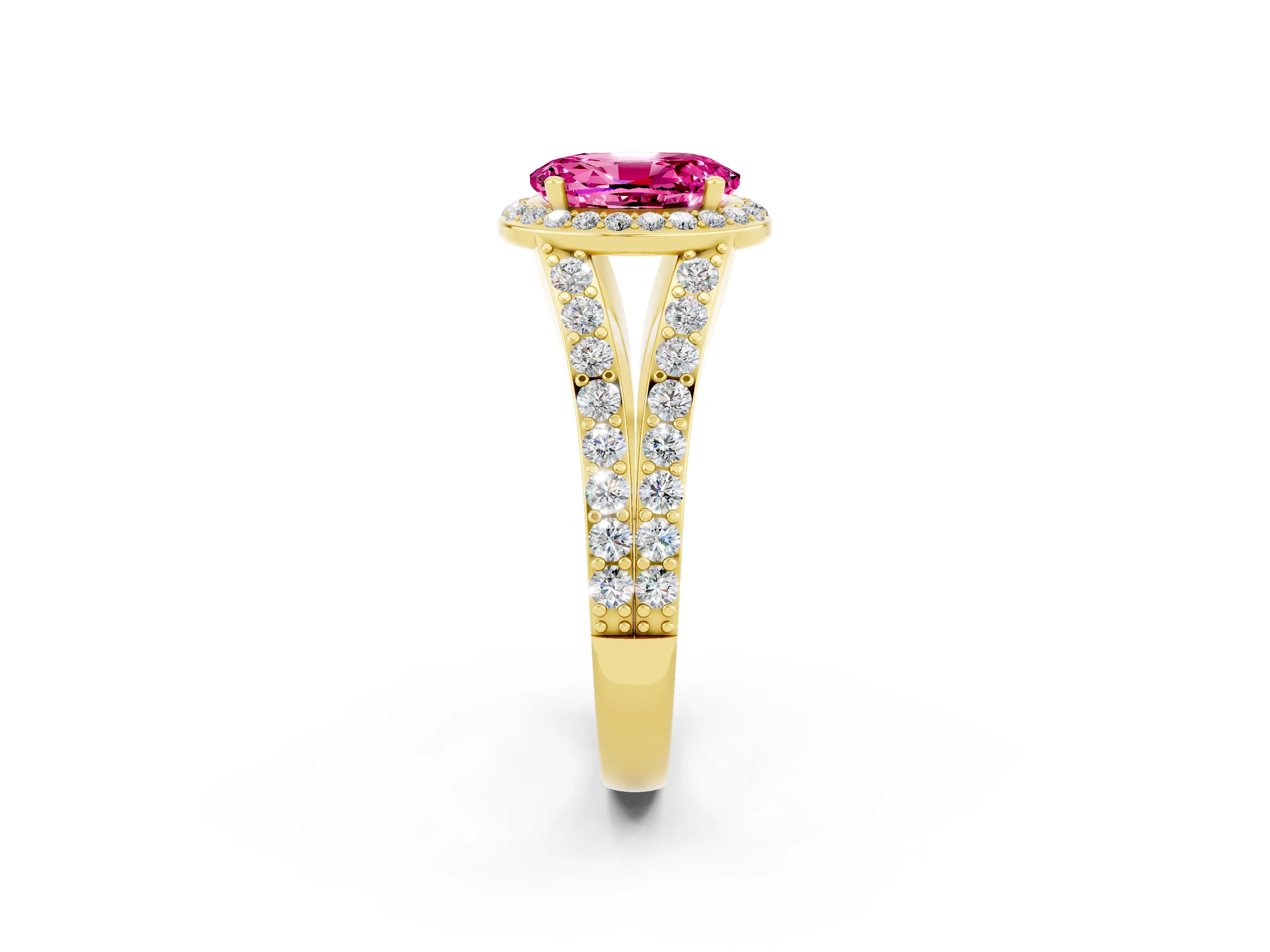 Yellow gold Oval Cut Pink Sapphire Split Shank Halo Ring with Four-Prong Setting_14