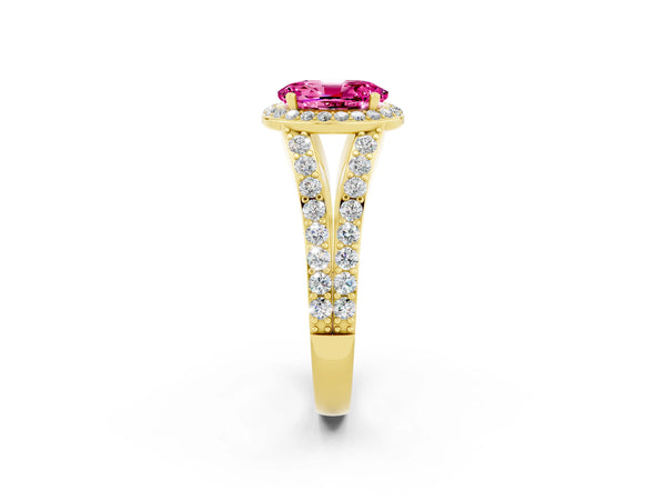 Yellow gold Oval Cut Pink Sapphire Split Shank Halo Ring with Four-Prong Setting