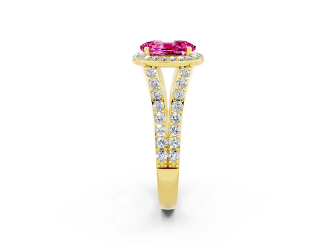 Yellow gold Oval Cut Pink Sapphire Split Shank Halo Ring with Four-Prong Setting_14
