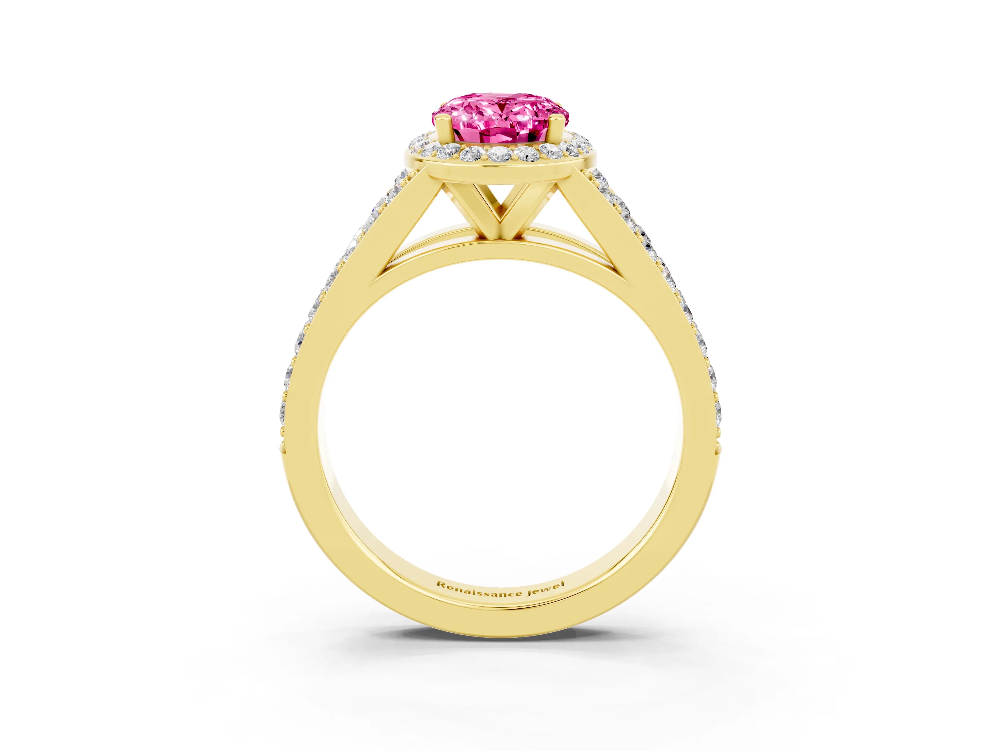 Yellow gold Oval Cut Pink Sapphire Split Shank Halo Ring with Four-Prong Setting_15
