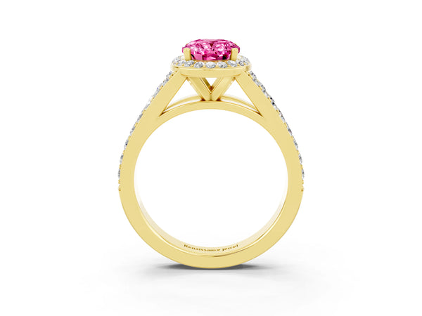 Yellow gold Oval Cut Pink Sapphire Split Shank Halo Ring with Four-Prong Setting