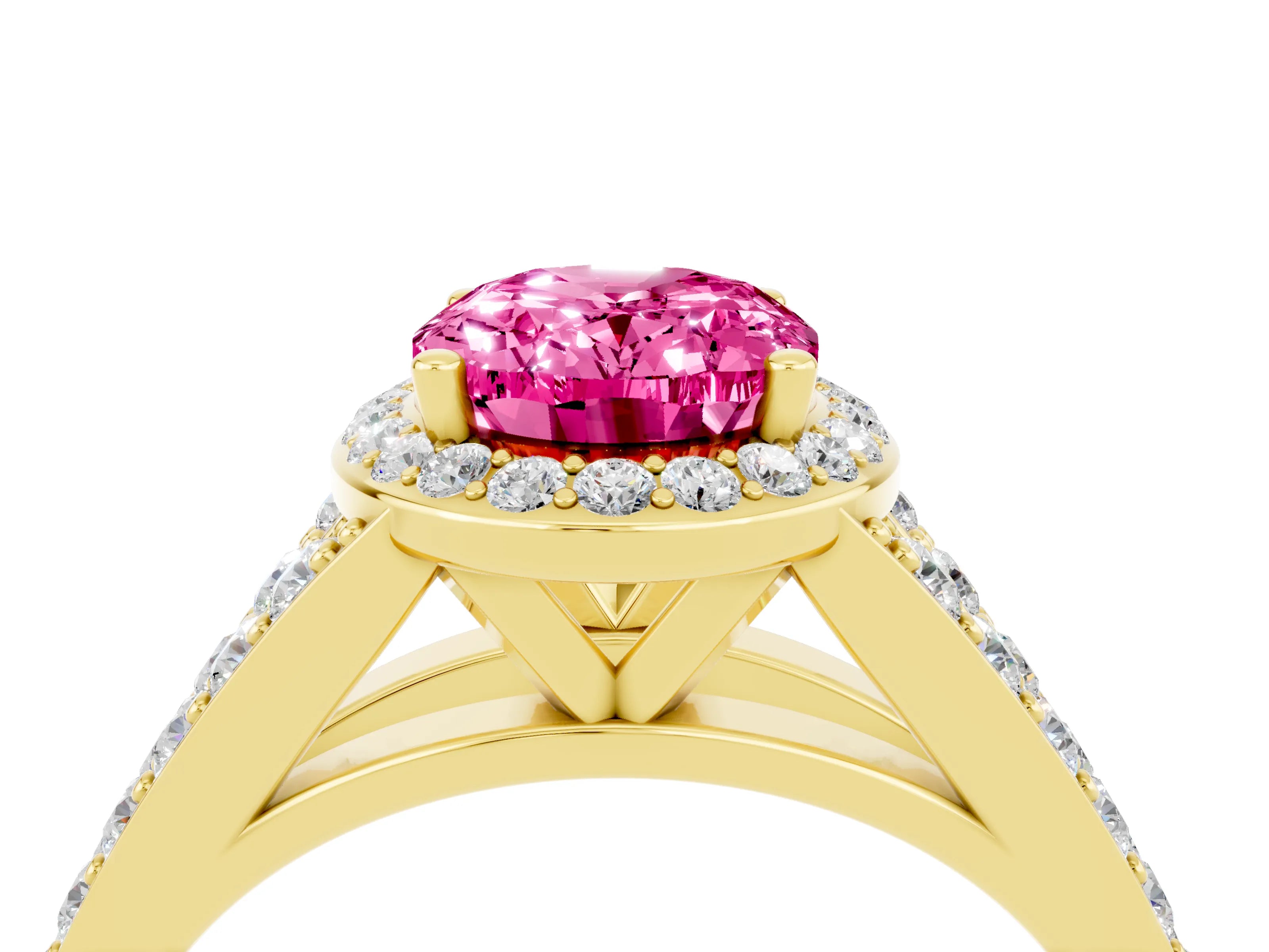 Yellow gold Oval Cut Pink Sapphire Split Shank Halo Ring with Four-Prong Setting_16