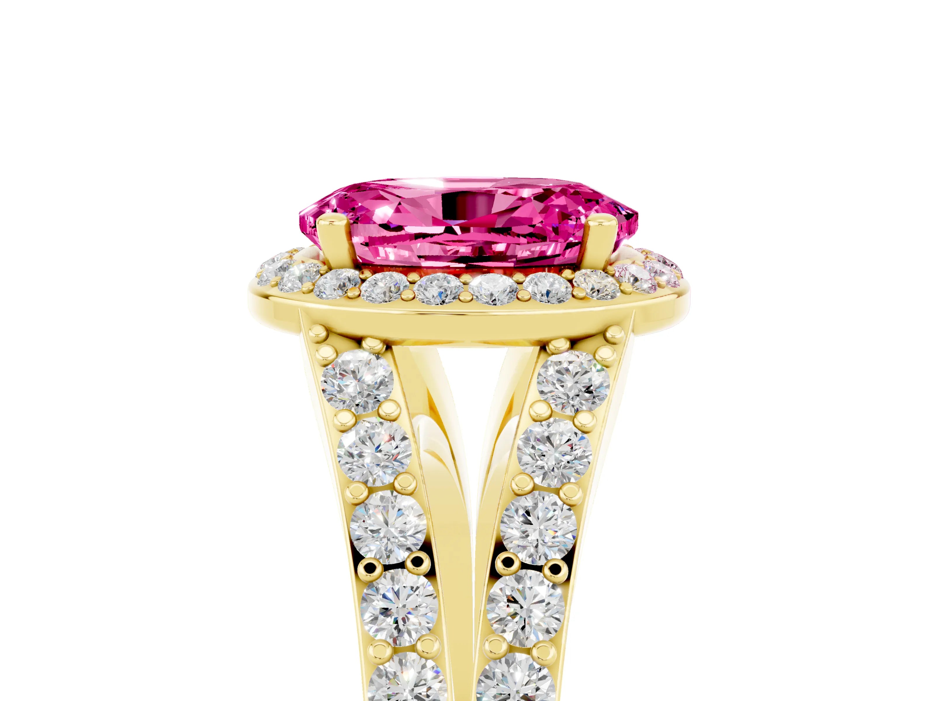 Yellow gold Oval Cut Pink Sapphire Split Shank Halo Ring with Four-Prong Setting_17