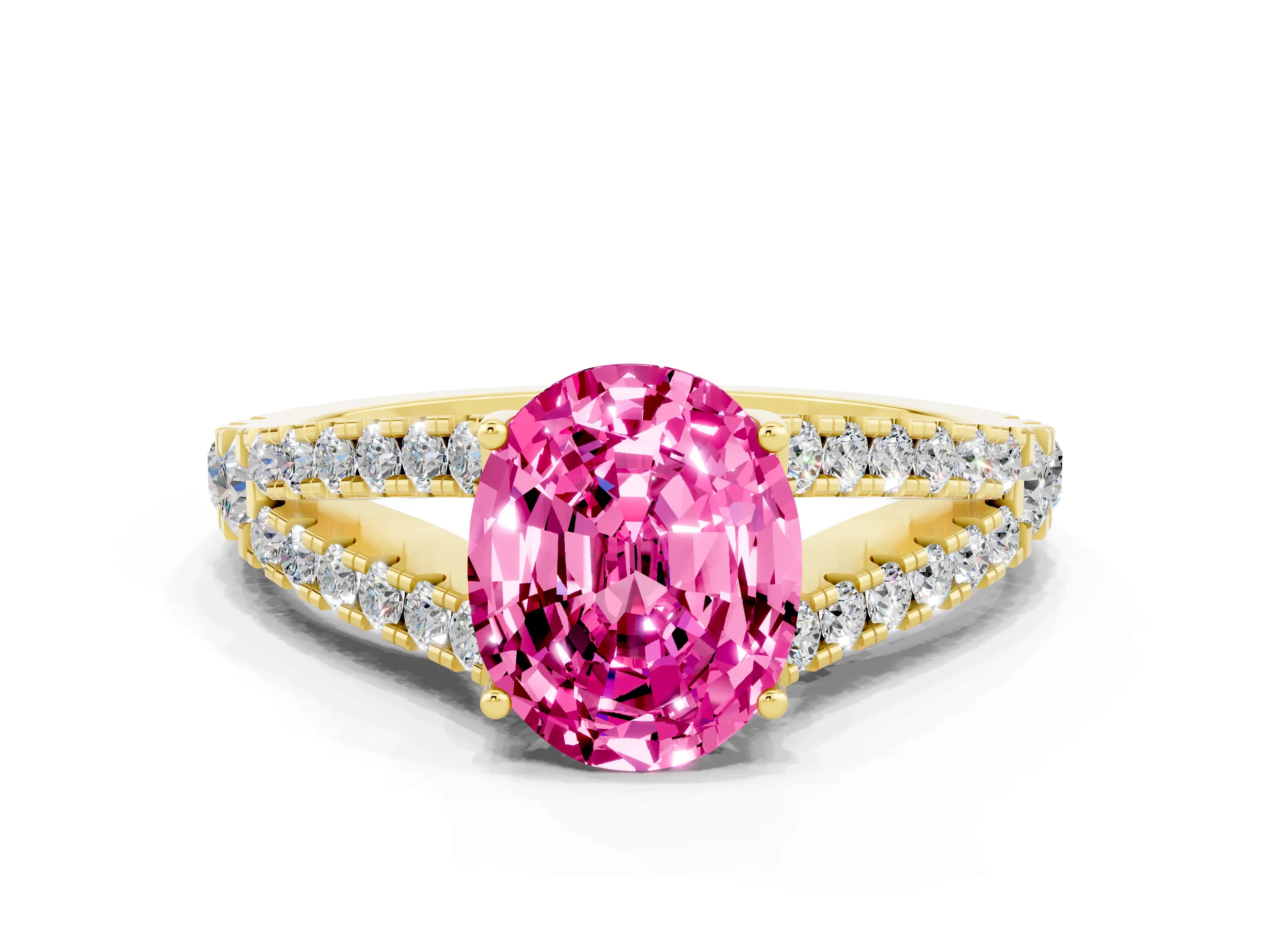 Yellow gold Oval Cut Pink Sapphire Split Shank Pavé Engagement Ring with Four-Prong Setting_12