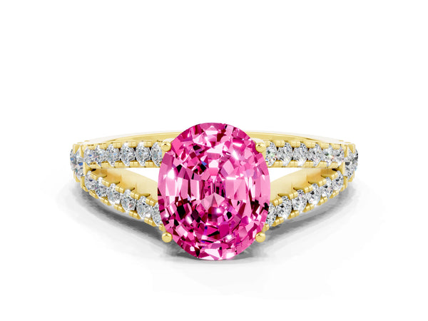 Yellow gold Oval Cut Pink Sapphire Split Shank Pavé Engagement Ring with Four-Prong Setting