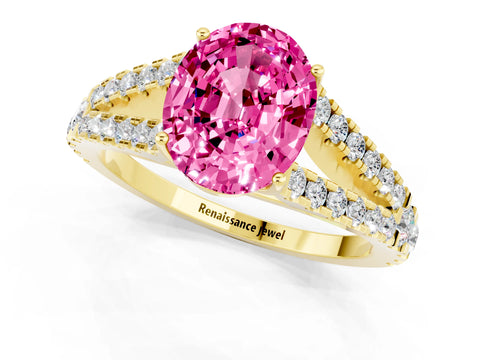 Yellow gold Oval Cut Pink Sapphire Split Shank Pavé Engagement Ring with Four-Prong Setting_13