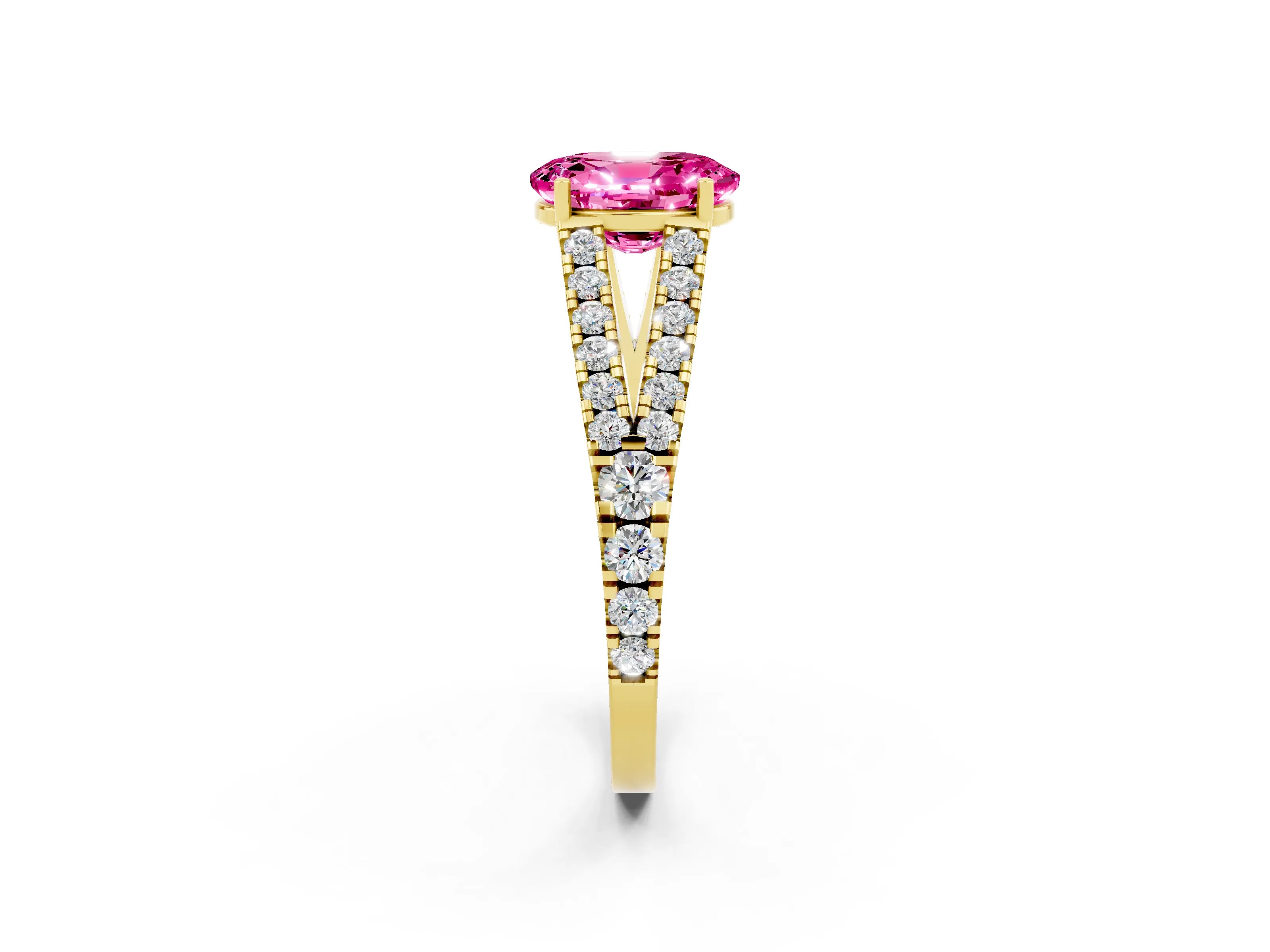Yellow gold Oval Cut Pink Sapphire Split Shank Pavé Engagement Ring with Four-Prong Setting_14