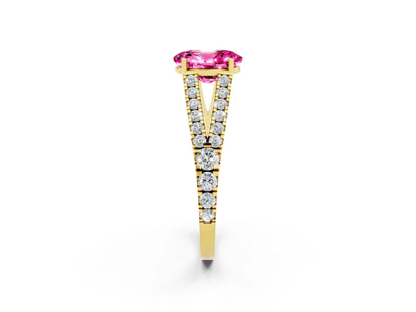 Yellow gold Oval Cut Pink Sapphire Split Shank Pavé Engagement Ring with Four-Prong Setting