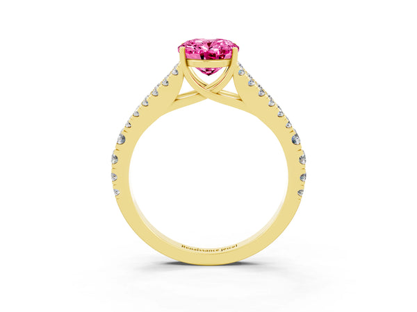 Yellow gold Oval Cut Pink Sapphire Split Shank Pavé Engagement Ring with Four-Prong Setting