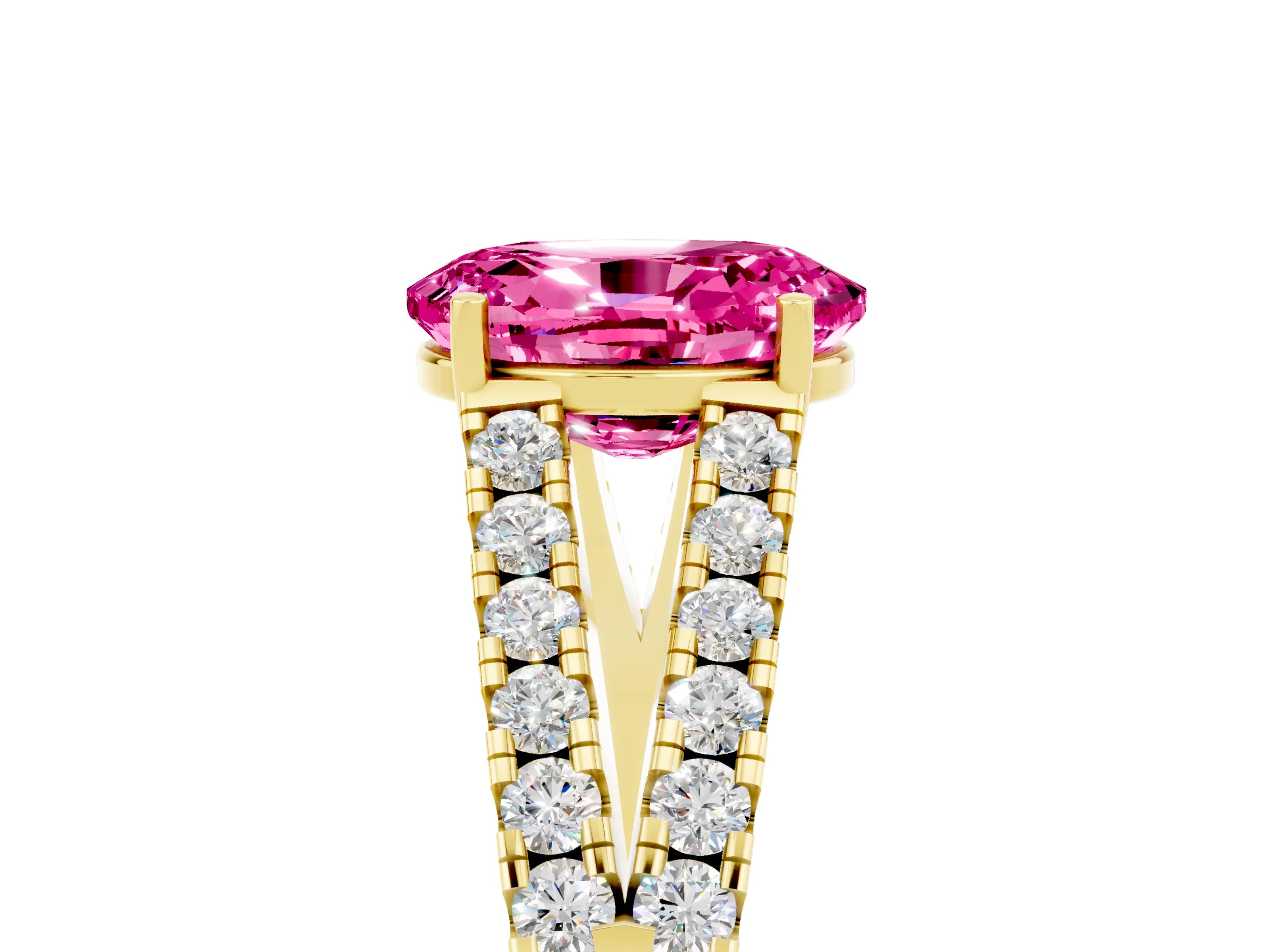 Yellow gold Oval Cut Pink Sapphire Split Shank Pavé Engagement Ring with Four-Prong Setting_17