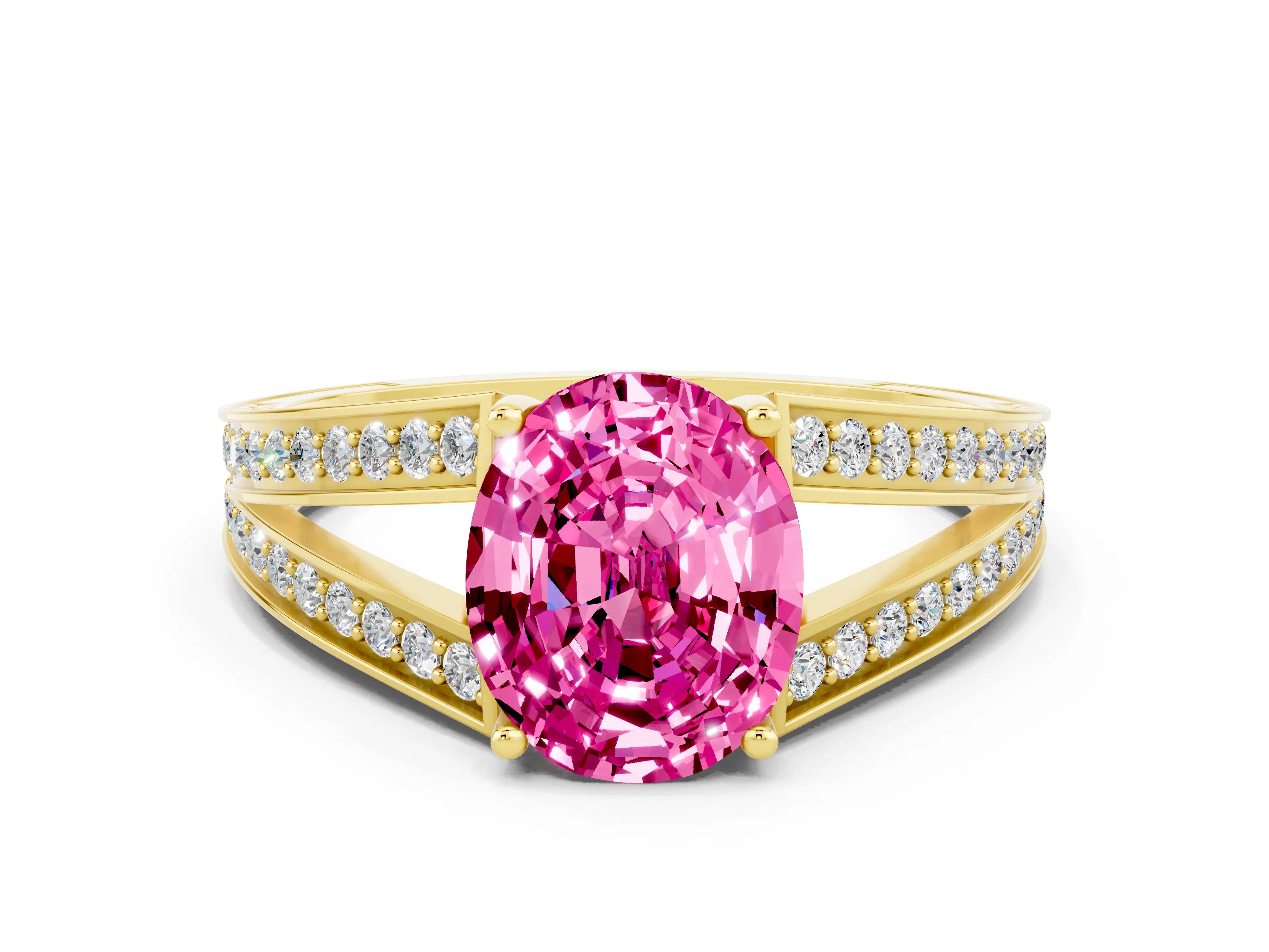 Yellow gold Oval Cut Pink Sapphire Split Shank Ring with Pavé Band and Four-Prong Setting