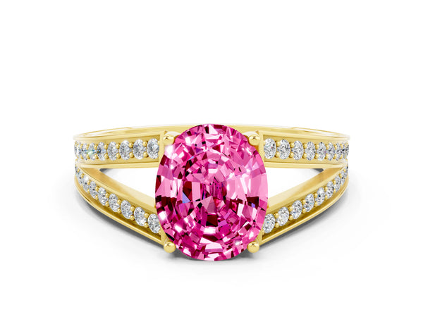 Yellow gold Oval Cut Pink Sapphire Split Shank Ring with Pavé Band and Four-Prong Setting