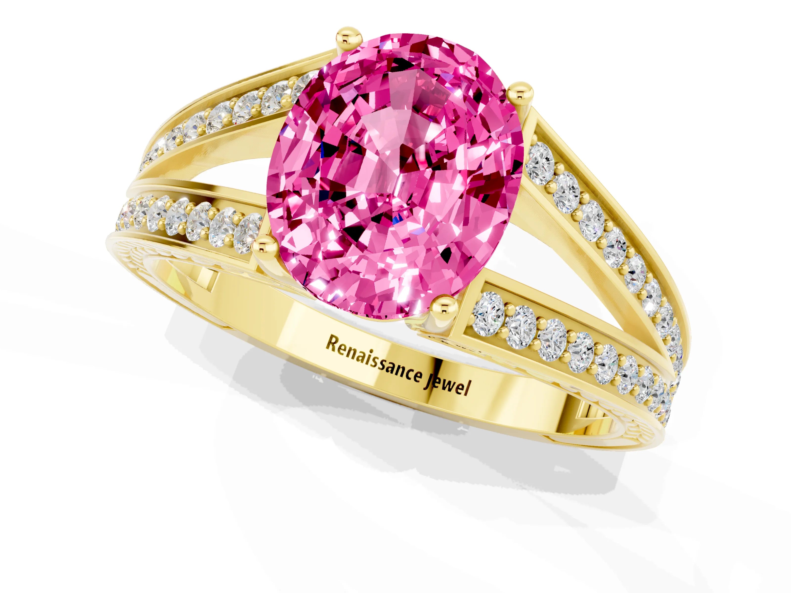 Yellow gold Oval Cut Pink Sapphire Split Shank Ring with Pavé Band and Four-Prong Setting_1