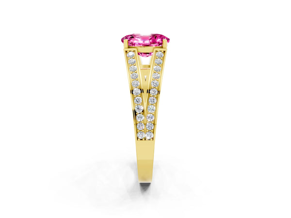 Yellow gold Oval Cut Pink Sapphire Split Shank Ring with Pavé Band and Four-Prong Setting