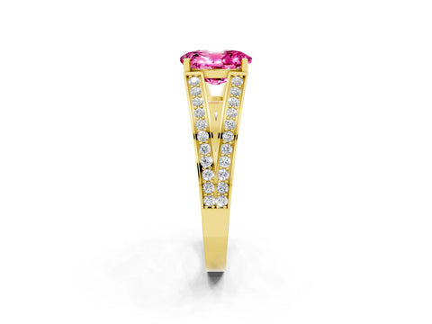 Yellow gold Oval Cut Pink Sapphire Split Shank Ring with Pavé Band and Four-Prong Setting_2