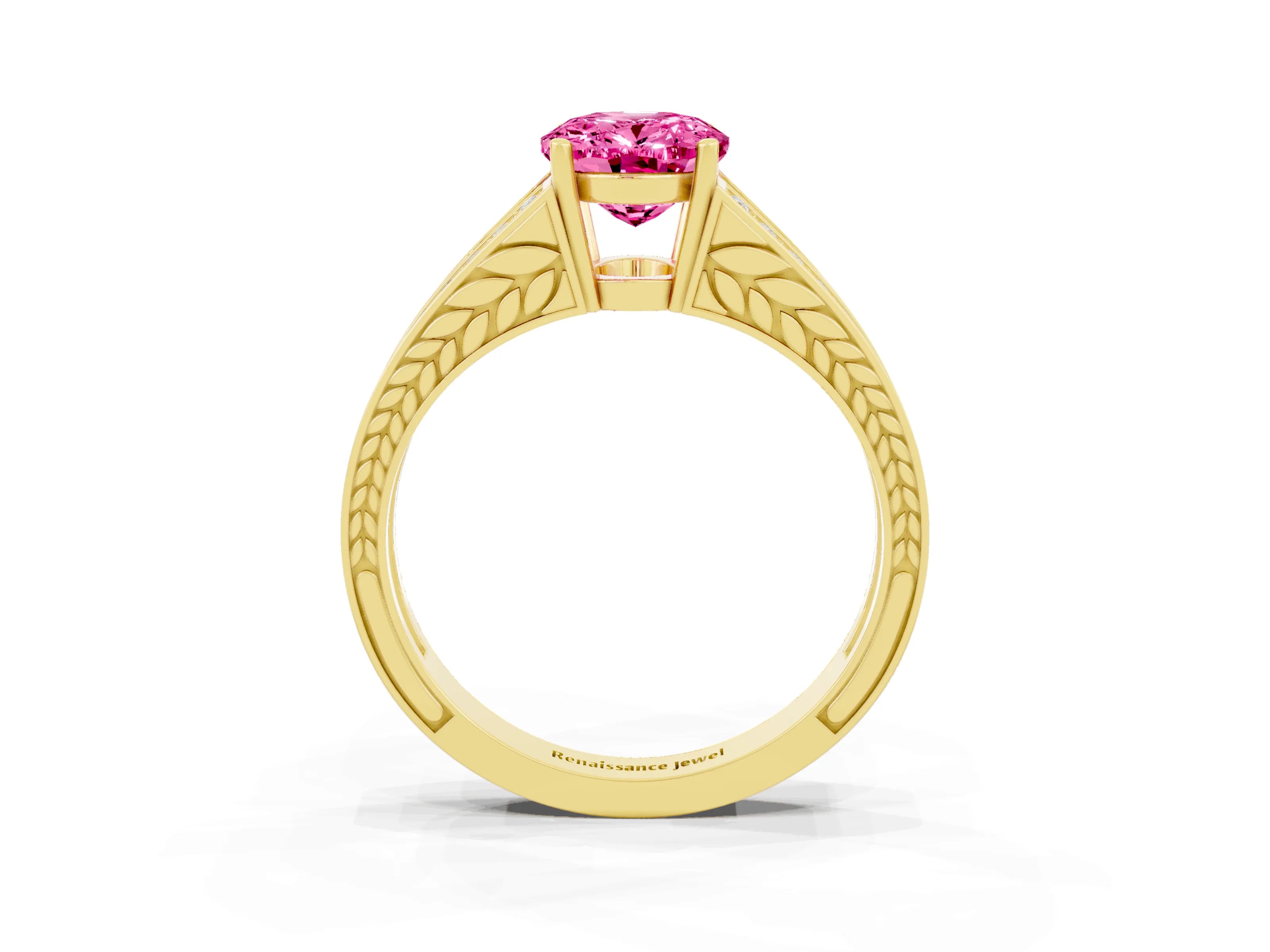 Yellow gold Oval Cut Pink Sapphire Split Shank Ring with Pavé Band and Four-Prong Setting_3