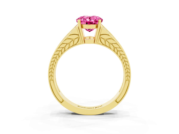 Yellow gold Oval Cut Pink Sapphire Split Shank Ring with Pavé Band and Four-Prong Setting