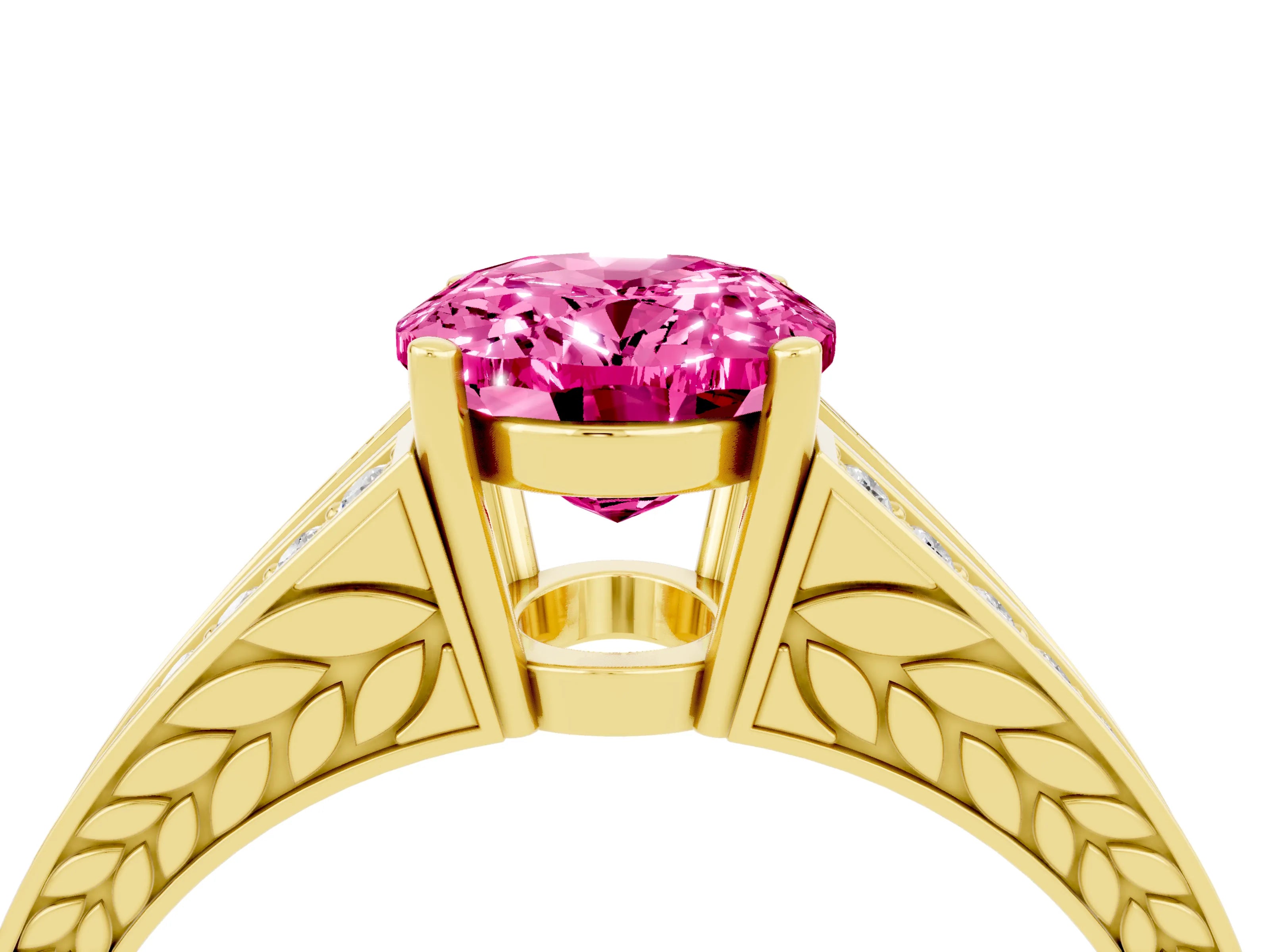 Yellow gold Oval Cut Pink Sapphire Split Shank Ring with Pavé Band and Four-Prong Setting_4