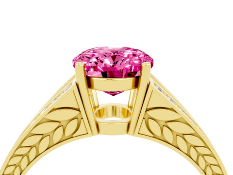 Yellow gold Oval Cut Pink Sapphire Split Shank Ring with Pavé Band and Four-Prong Setting_4