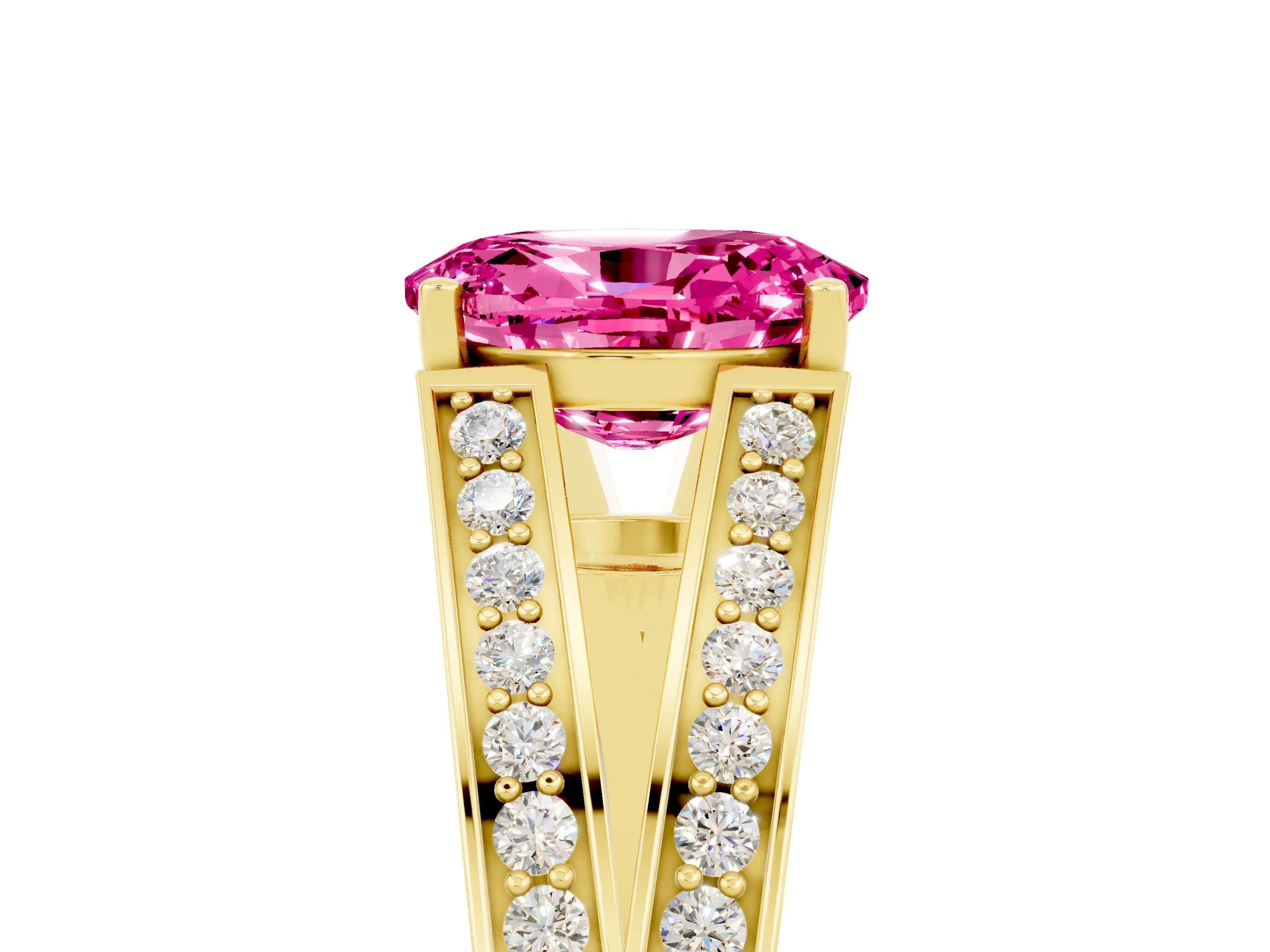 Yellow gold Oval Cut Pink Sapphire Split Shank Ring with Pavé Band and Four-Prong Setting_5