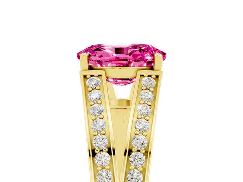 Yellow gold Oval Cut Pink Sapphire Split Shank Ring with Pavé Band and Four-Prong Setting_5