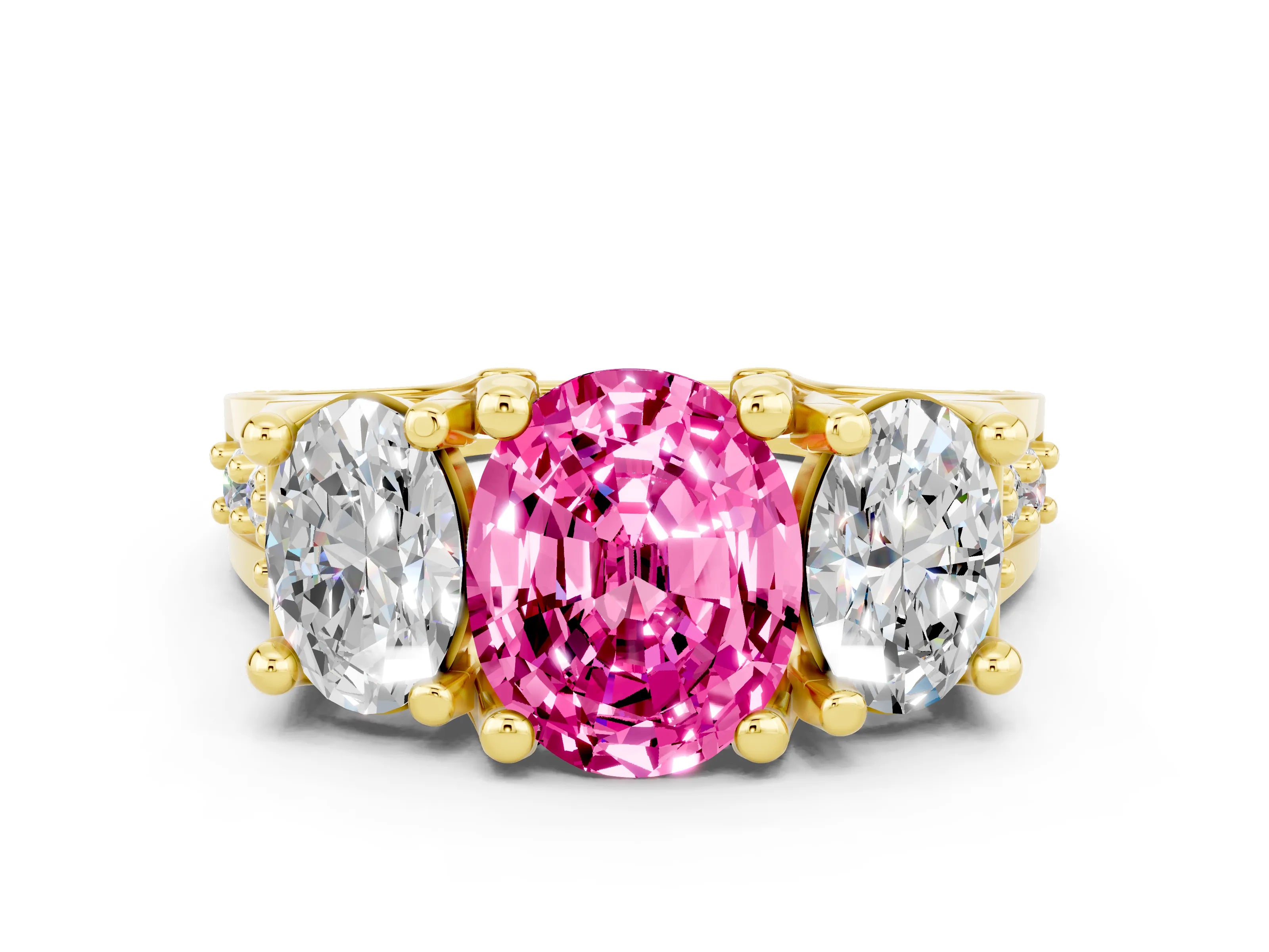 Yellow gold Oval Cut Pink Sapphire Three-Stone Ring with Channel Set Band and Four-Prong Setting