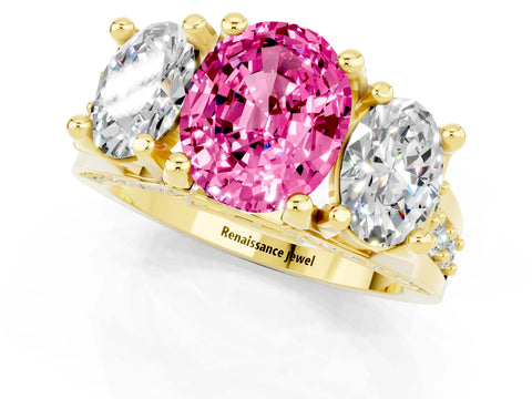 Yellow gold Oval Cut Pink Sapphire Three-Stone Ring with Channel Set Band and Four-Prong Setting_1