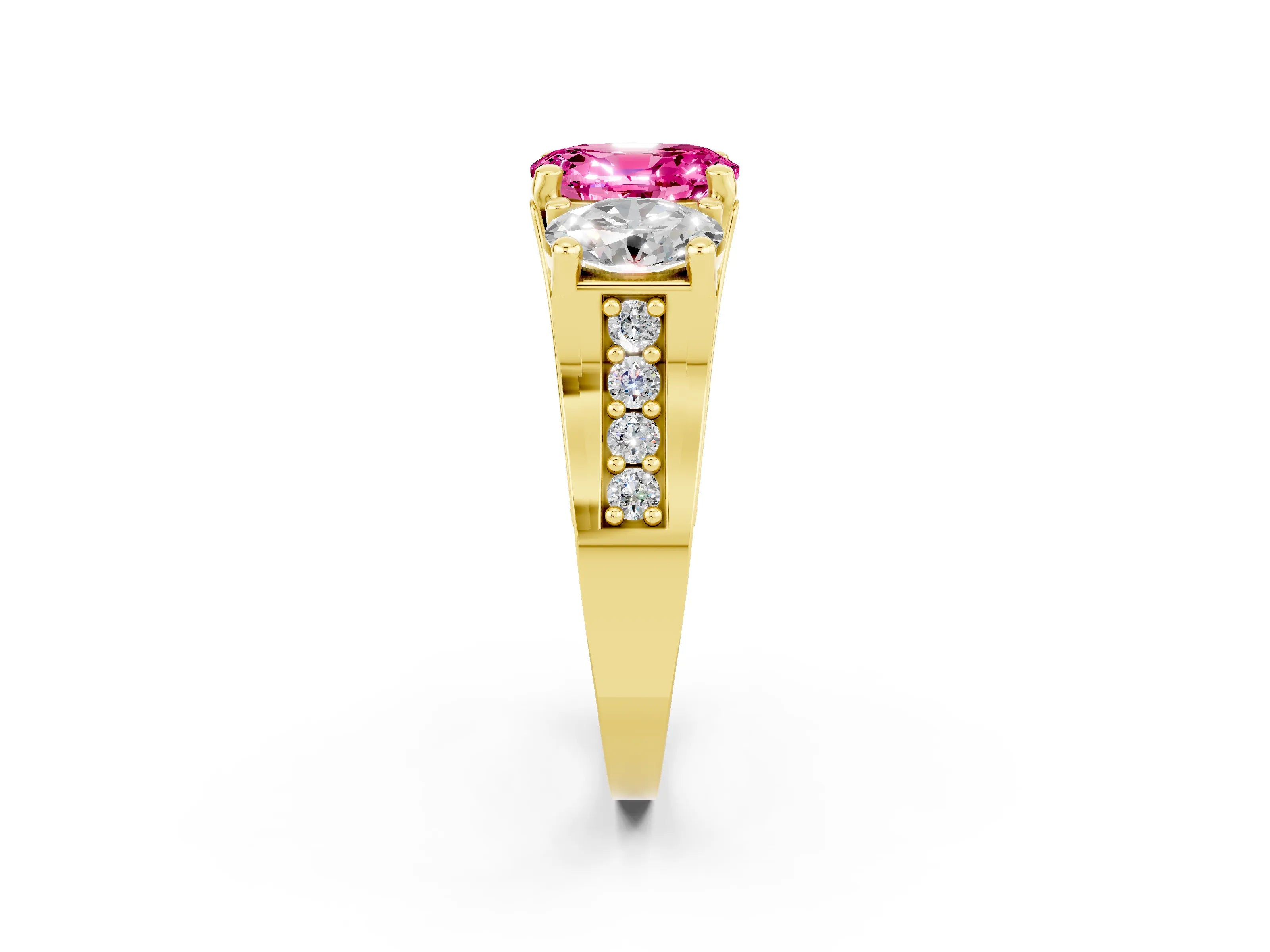 Yellow gold Oval Cut Pink Sapphire Three-Stone Ring with Channel Set Band and Four-Prong Setting_2
