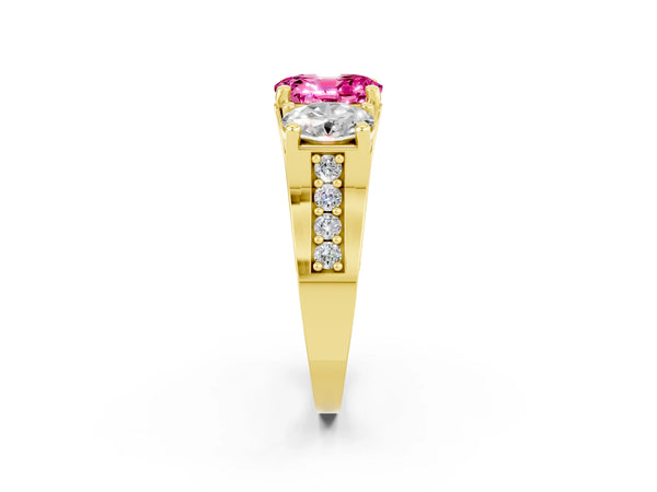 Yellow gold Oval Cut Pink Sapphire Three-Stone Ring with Channel Set Band and Four-Prong Setting