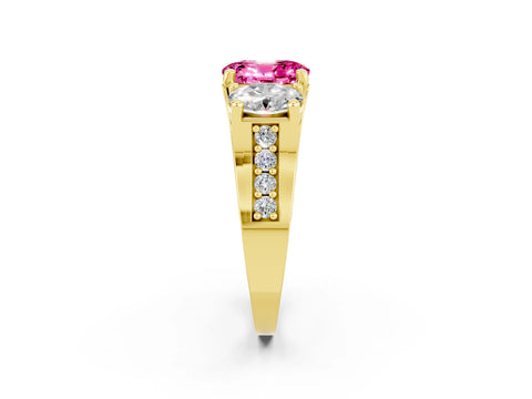 Yellow gold Oval Cut Pink Sapphire Three-Stone Ring with Channel Set Band and Four-Prong Setting_2